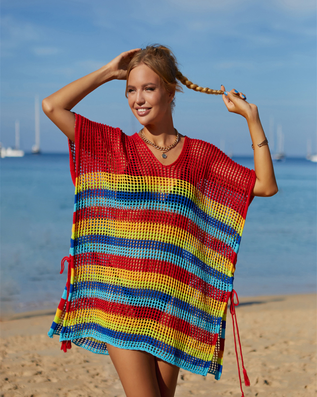 New Summer Rainbow Color Vacation Bikini Beach Dresses Cover Ups Rosy White Orange Black Red One Size