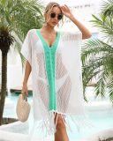 Sexy V-neck Tassels Colorblock Beach Dresses Cover ups Green Rosy Orange Purple Black One Size