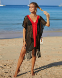 Sexy V-neck Tassels Colorblock Beach Dresses Cover ups Green Rosy Orange Purple Black One Size