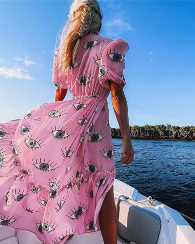 Eyes Printed Puff Sleeve Vatation Beach Swimwear Cover Up Pink Blue White One Size