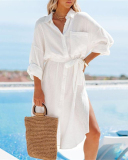 Fashion Solid Color Vacation Wear Bathing Suit Cover Ups Shirt Dress White Rosy Army Green One Size