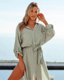 Fashion Solid Color Vacation Wear Bathing Suit Cover Ups Shirt Dress White Rosy Army Green One Size