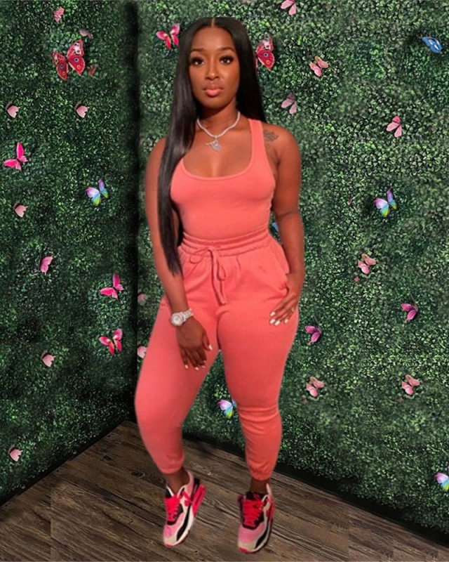 Women Solid Color Sleeveless Pants Sets Two Pieces Outfit Pink Yellow Red Purple Black Green Blue S-2XL
