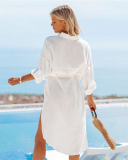 Fashion Solid Color Vacation Wear Bathing Suit Cover Ups Shirt Dress White Rosy Army Green One Size