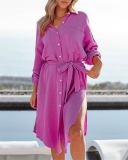 Fashion Solid Color Vacation Wear Bathing Suit Cover Ups Shirt Dress White Rosy Army Green One Size