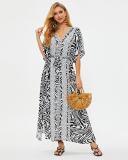 Women Printed Deep V Neck Vacation Holiday Dress Swimsuit Cover Up