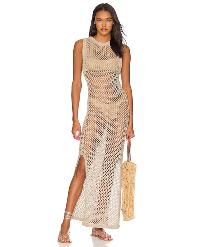Women Sleeveless Mesh Maxi Sexy Bikini Crochet Stitches Dress White Apricot Black One Size