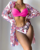 3PCS Tropical Floral Print Crisscross Bikini Set With Cover Up Dress