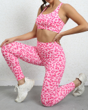 Women Leopard Slim Sports Two Pieces Sets Pink Gray S-XL