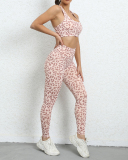 Women Leopard Slim Sports Two Pieces Sets Pink Gray S-XL