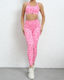 Women Leopard Slim Sports Two Pieces Sets Pink Gray S-XL