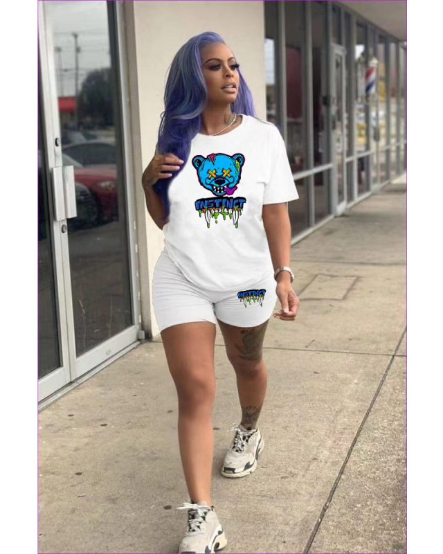 Women Cartoon Short Sleeve T-shirt Short Sets Two Pieces Outfit Rosy White Black Orange Pruple S-5XL