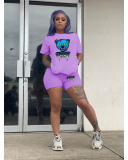 Women Cartoon Short Sleeve T-shirt Short Sets Two Pieces Outfit Rosy White Black Orange Pruple S-5XL