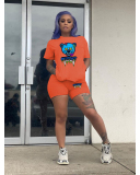Women Cartoon Short Sleeve T-shirt Short Sets Two Pieces Outfit Rosy White Black Orange Pruple S-5XL