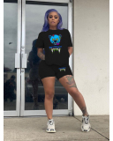 Women Cartoon Short Sleeve T-shirt Short Sets Two Pieces Outfit Rosy White Black Orange Pruple S-5XL