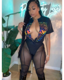 Women Summer Hot Club Wear Deep V-neck Mesh Pants Sets Three Pieces Outfit(T-shirts, Panty, Leggings)