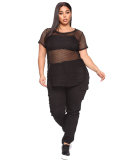 Women Short Sleeve Black Mesh Loose Plus Size Top XL-5XL