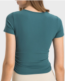 Women Solid Color Short Sleeve O Neck Pleated Slim High Elastic Sports Top 4-12