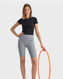Women Solid Color Short Sleeve O Neck Pleated Slim High Elastic Sports Top 4-12