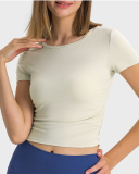 Women Solid Color Short Sleeve O Neck Pleated Slim High Elastic Sports Top 4-12