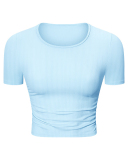 Women Solid Color Short Sleeve O Neck Pleated Slim High Elastic Sports Top 4-12