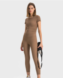 Women Solid Color Short Sleeve O Neck Pleated Slim High Elastic Sports Top 4-12