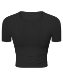 Women Solid Color Short Sleeve O Neck Pleated Slim High Elastic Sports Top 4-12