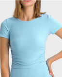 Women Solid Color Short Sleeve O Neck Pleated Slim High Elastic Sports Top 4-12