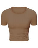 Women Solid Color Short Sleeve O Neck Pleated Slim High Elastic Sports Top 4-12