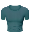 Women Solid Color Short Sleeve O Neck Pleated Slim High Elastic Sports Top 4-12