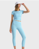 Women Solid Color Short Sleeve O Neck Pleated Slim High Elastic Sports Top 4-12