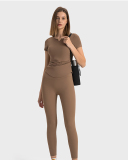 Women V-Neck Ruched Solid Color Short Sleeve Slim Yoga Tops 4-12