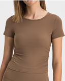 Women Solid Color Short Sleeve O Neck Pleated Slim High Elastic Sports Top 4-12