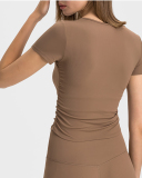 Women Solid Color Short Sleeve O Neck Pleated Slim High Elastic Sports Top 4-12