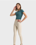 Women Solid Color Short Sleeve O Neck Pleated Slim High Elastic Sports Top 4-12