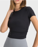 Women Solid Color Short Sleeve O Neck Pleated Slim High Elastic Sports Top 4-12