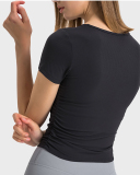 Women Solid Color Short Sleeve O Neck Pleated Slim High Elastic Sports Top 4-12