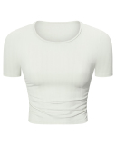 Women Solid Color Short Sleeve O Neck Pleated Slim High Elastic Sports Top 4-12