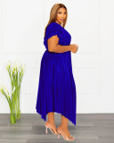 Summer V-neck Ruched Short Sleeve Imitation Silk Women Plus Size Dresses Pink Red Black Blue L-4XL