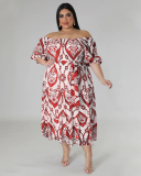 Popular New Summer Women Off Shoulder Boho Printed Plus Size Dresses Green Red Black Blue L-4XL