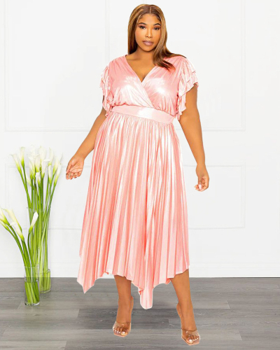 Summer V-neck Ruched Short Sleeve Imitation Silk Women Plus Size Dresses Pink Red Black Blue L-4XL