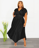 Summer V-neck Ruched Short Sleeve Imitation Silk Women Plus Size Dresses Pink Red Black Blue L-4XL