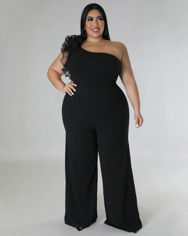 Fashion Women Mesh One Shoulder Wide Leg Solid Color Plus Size Jumpsuit Black White Red Blue L-4XL