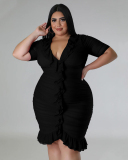 Women Sexy Mesh Ruched V Neck Short Sleeve Slim Women Plus Size Dresses Rosy Black White Blue Green L-4XL