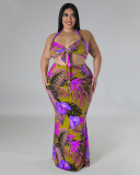 Women Halter Neck Printed Maxi Slim Skirt Sets Plus Size Two Piece Sets Purple Green Blue L-4XL