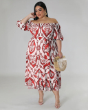 Popular New Summer Women Off Shoulder Boho Printed Plus Size Dresses Green Red Black Blue L-4XL