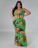 Women Halter Neck Printed Maxi Slim Skirt Sets Plus Size Two Piece Sets Purple Green Blue L-4XL