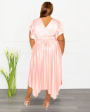 Summer V-neck Ruched Short Sleeve Imitation Silk Women Plus Size Dresses Pink Red Black Blue L-4XL