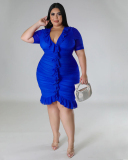 Women Sexy Mesh Ruched V Neck Short Sleeve Slim Women Plus Size Dresses Rosy Black White Blue Green L-4XL