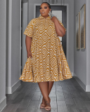 Women Lapel Short Sleeve Printed Plus Size Dresses Yellow Red L-4XL